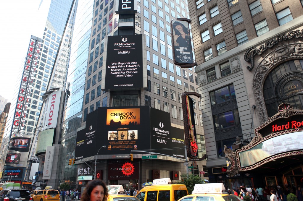 'Chinook Down' announcement seen on Times Square, New York City.